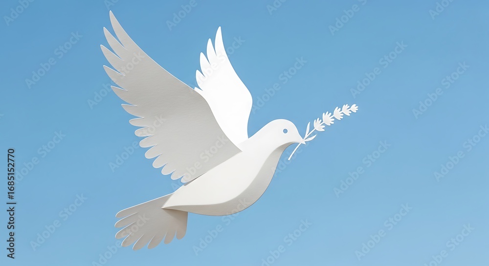 Fototapeta premium Graceful white dove carrying olive branch in clear blue sky symbolizing hope and peace
