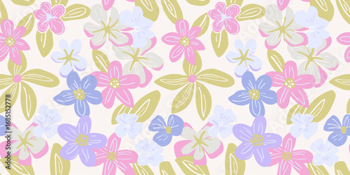 Cute floral seamless pattern. Abstract vector background with hand-drawn summer flowers, leaves. Modern texture in girlish colors. Repeating design for decor, textile, print, package, cloth, apparel