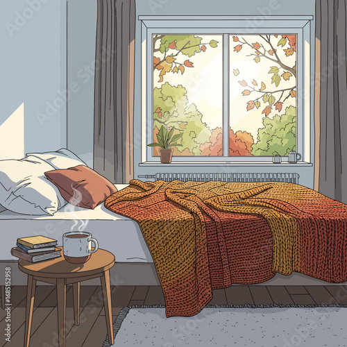 Cozy bedroom scene featuring a bed with a warm blanket, a side table with a steaming mug, and an autumn view through the window.