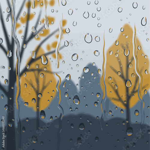 Rainy autumn day viewed through a rain-streaked windowpane, showcasing blurred silhouettes of yellow trees.