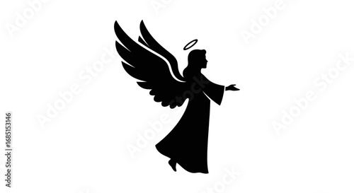 Elegant black silhouette of an angel with outstretched wings and a halo.