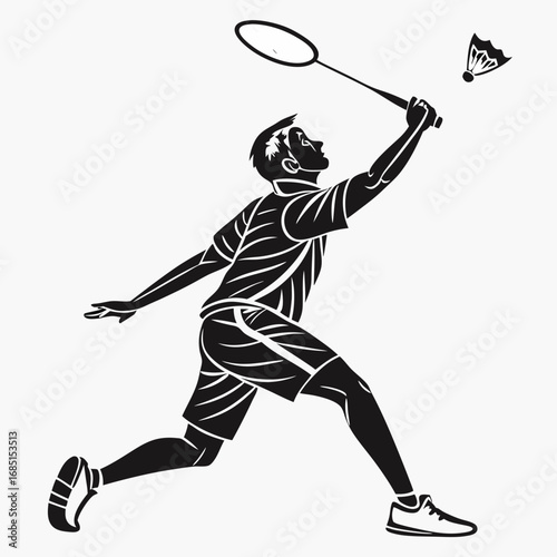 Black silhouette vector of male badminton player jumping