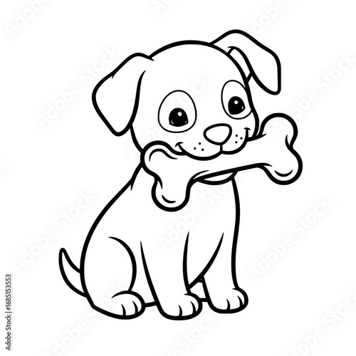 Dog Cartoon Illustration with Bone in Mouth Sitting Happily
