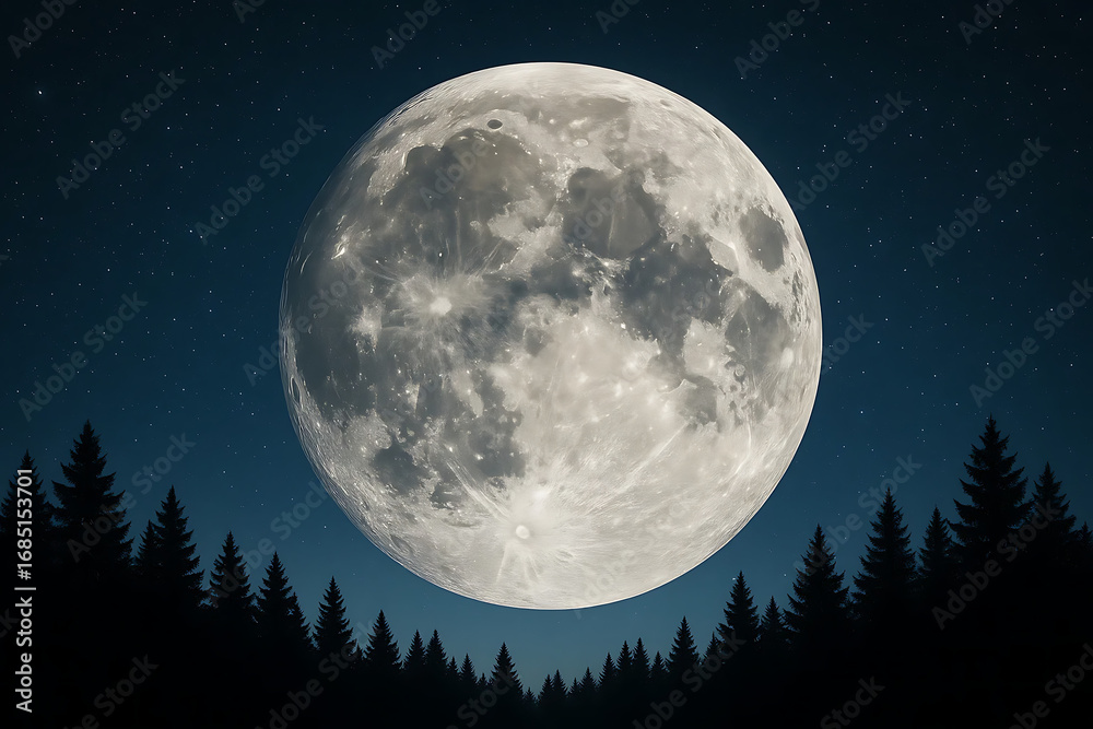 Fototapeta premium Full Moon in Night Sky Over Forest