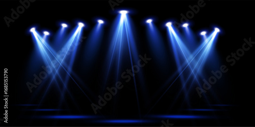 Spotlights of bright blue light with isolated place for stage and presentations. Vector glowing spotlight light effect with transparent beams. 