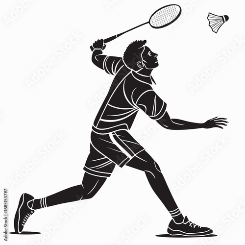 Black silhouette vector of male badminton player hitting smash