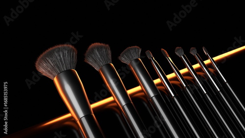 collection of professional makeup brushes is displayed against a dark backdrop, with a warm glow accentuating their sleek design and high-quality materials, ideal for makeup enthusiasts