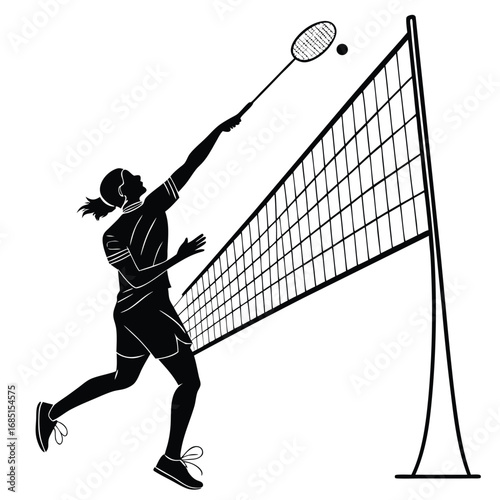 Black silhouette vector of badminton player near net