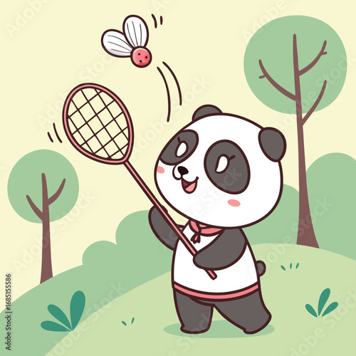 Cute panda playing badminton vector cartoon