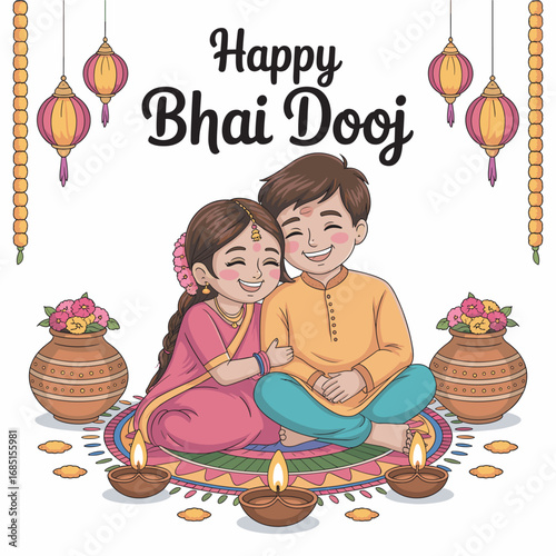Happy Bhai Dooj Festival Illustration with Brother and Sister