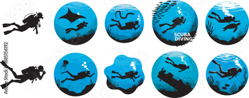 Scuba Diving Adventure Underwater World Silhouette Vector Illustration