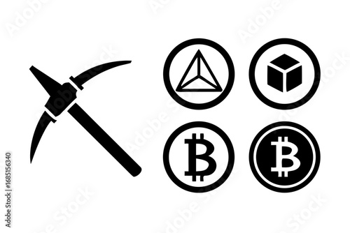 Cryptocurrency mining with pickaxe and bitcoin