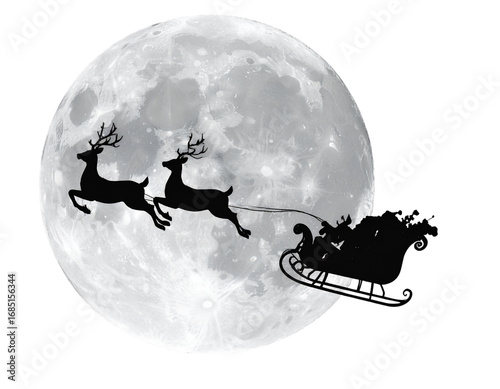  Santa Sleigh Silhouette Over Moon, Diagonal Angle, Transparent PNG 