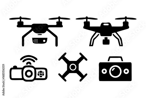 Drone icons set, aerial camera, quadcopter