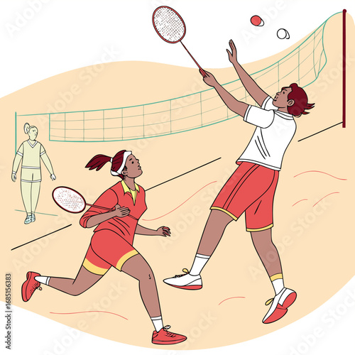 Vector illustration of badminton doubles match action