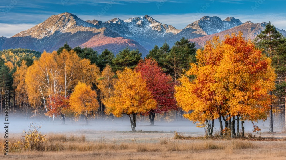Fototapeta premium Autumn colors in mountain landscape serene nature scene majestic rocky mountains tranquil environment scenic viewpoint