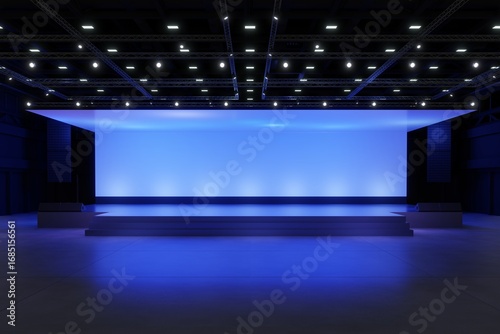 Empty stage Design for mockup and Corporate identity,Display.Platform elements in hall.Blank screen system for Graphic Resources.Scene event led night light staging.3d Background for online.3 render.
