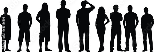 Black human silhouettes of diverse standing poses and clothing styles, casual and formal, isolated on white background for design and illustration projects