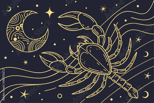 Elegant Cancer Zodiac Sign Illustration with Crescent Moon and Sparkling Stars on Dark Navy Background Represents Mystical and Cosmic Symbolism with Gold Outlines for Astrology and Horoscope Designs