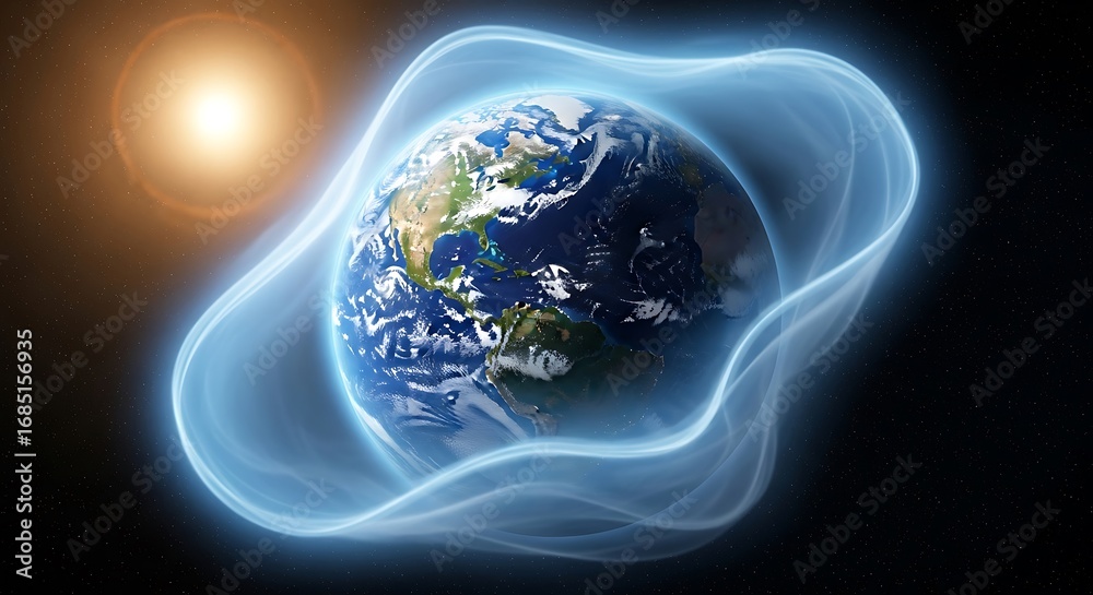 Obraz premium Stunning Earth protected by luminous blue energy shield against solar flare in vast starry cosmos