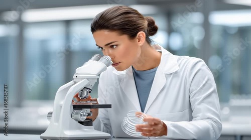 Female scientist looking through microscope in bright modern