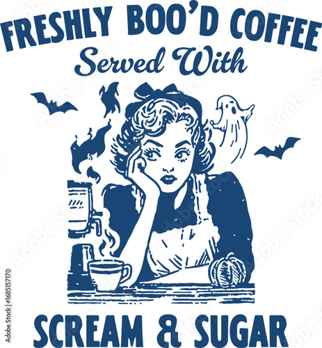 Freshly Boo’d Coffee (Retro Girl Version) – Vintage Coffee Shop Ghost Design with 1950s Barista Woman, Halloween Humor for Autumn Coffee Lovers