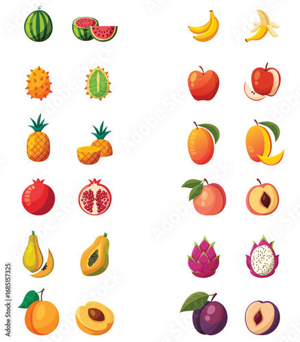 Colorful fruit illustration set with watermelon, banana, apple, pineapple, mango, peach, pomegranate, papaya, apricot, dragon fruit, and plum shown as whole and sliced fruits