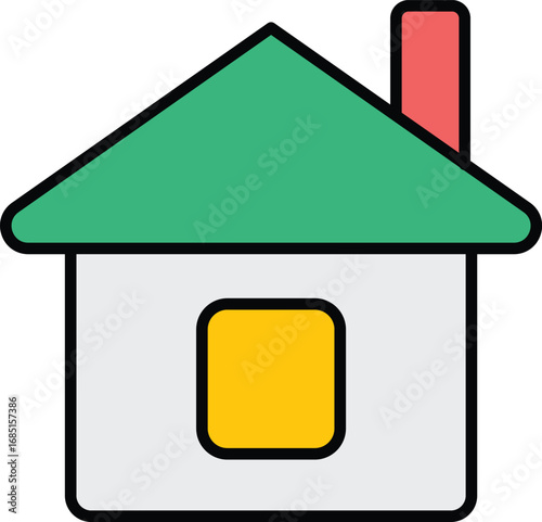 Stylized house with green roof and chimney on white background home building