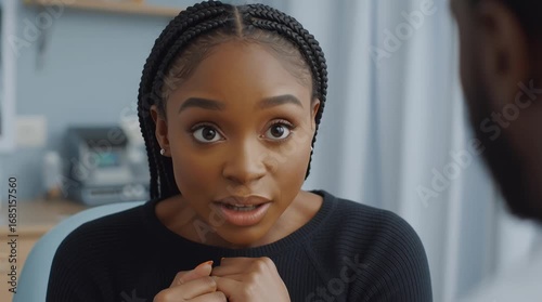 Anxious female patient reacting with fear during medical consultation