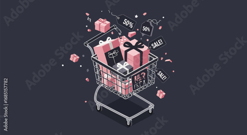 Black Friday shopping cart filled with gift boxes and sale tags against a dark blue background