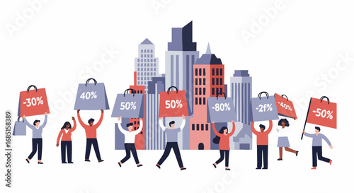 Happy diverse shoppers in the city holding sale discount bags