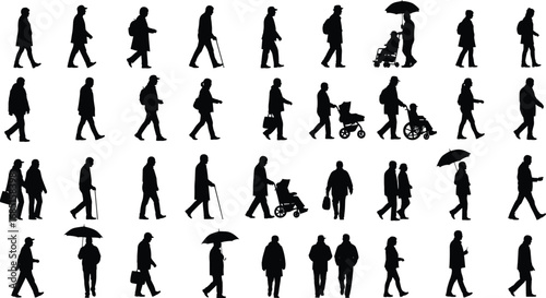 Black silhouette vector illustration of diverse people walking in various poses, carrying accessories, umbrellas, bags, and pushing strollers, isolated background
