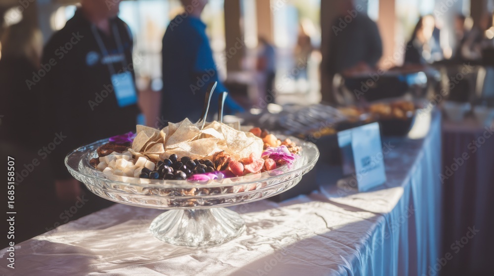 Naklejka premium Gourmet food display at conference event center photography elegant setting close-up culinary art