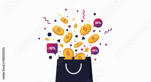 Illustration of a shopping bag with coins, discounts, and bubbles