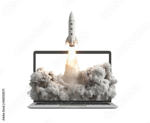  a laptop with a rocket emerging from the screen, set against a white background with a transparent png. 