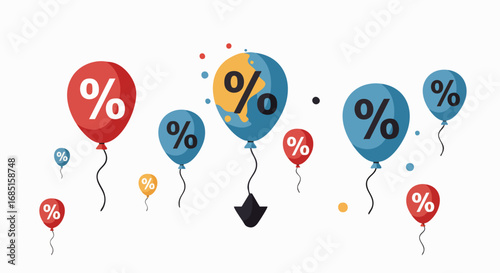 Illustration of percentage symbol balloons, representing sales, discounts, or financial drops