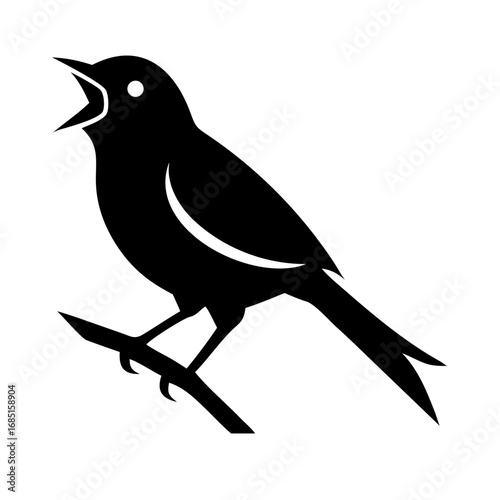 Songbird Silhouette: A clean, minimalist depiction of a singing songbird perched on a branch, its beak open in full song. a symbol of nature's beauty and melodic expression.
