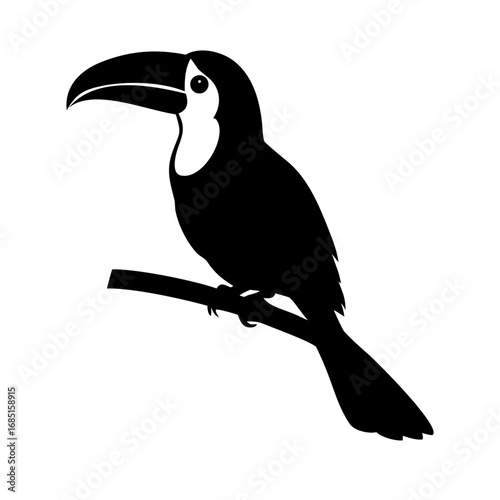 Tropical Toucan Silhouette: An elegant toucan, rendered in a minimalist silhouette, perches gracefully on a branch. Embodying the exotic allure of tropical birds in its stark black and white form.
