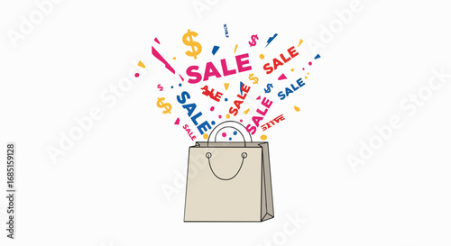 Shopping bag bursting with sale and dollar signs. This illustration depicts a shopping event and the concepts of deals, discounts, and bargain