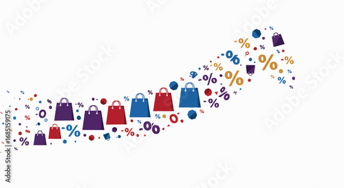 Shopping sales concept illustration with shopping bags, percentage symbols, and an arrow. This graphic represents rising sales and discounts