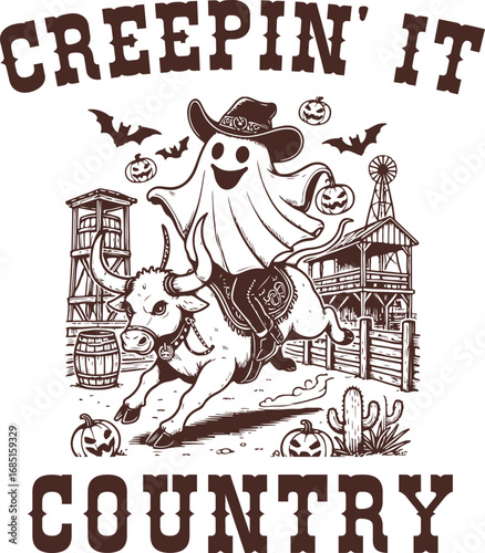 Creepin' It Country – Funny Ghost Riding Bull in Wild West Scene, Country Halloween Illustration with Cactus, Barn, and Pumpkin Details