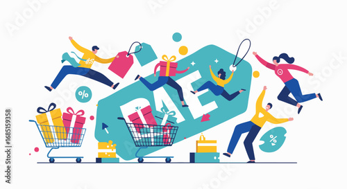 Vibrant flat illustration of excited shoppers running and jumping around a prominent 'SALE' tag