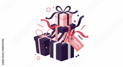 Vibrant isometric illustration of gift boxes with ribbons and confetti elements. A '300% DISCOUNT' tag indicates a generous promotion or sale