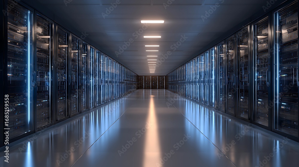 Fototapeta premium Modern server room corridor with blue and orange neon lights reflecting on a polished floor