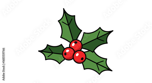 Holly Berry Sprig with Three Berries and Green Leaves, Christmas Decoration.