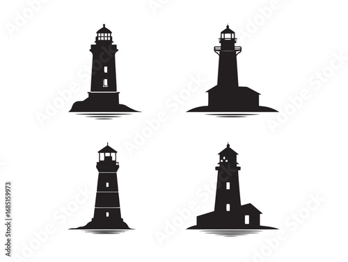 Iconic lighthouse silhouettes professional vector navigation symbol set
