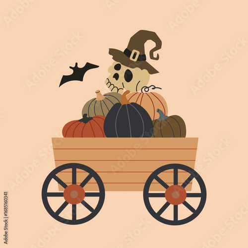 Halloween pumpkin cart with skull in witch hat card poster invitation illustration