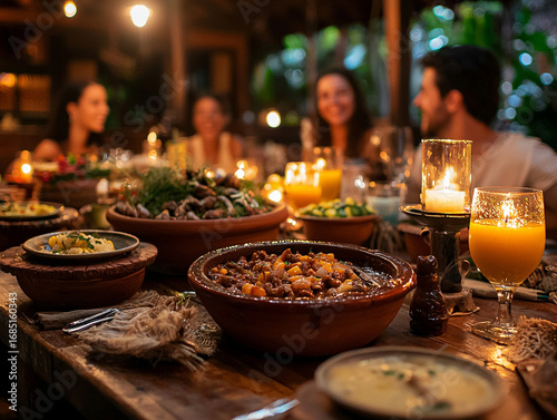 Vibrant Dinner Gathering with Friends Surrounded by Delicious Dishes and Glowing Candles in a Cozy Outdoor Setting