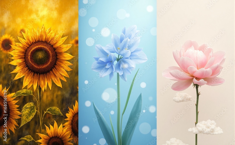 Obraz premium The serene scene depicts a lush garden with vibrant pink and white flowers, soft sunlight filtering through the trees, creating a peaceful, organic, and textured environment.