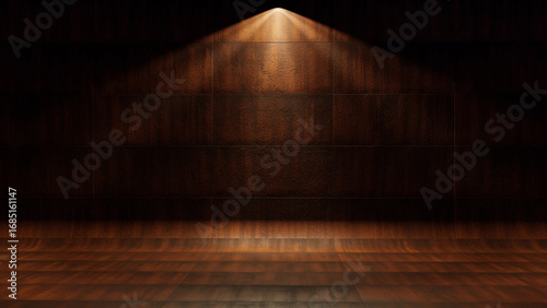 empty wooden stage background with a single spotlight shining from above creating a theatrical and dramatic mood